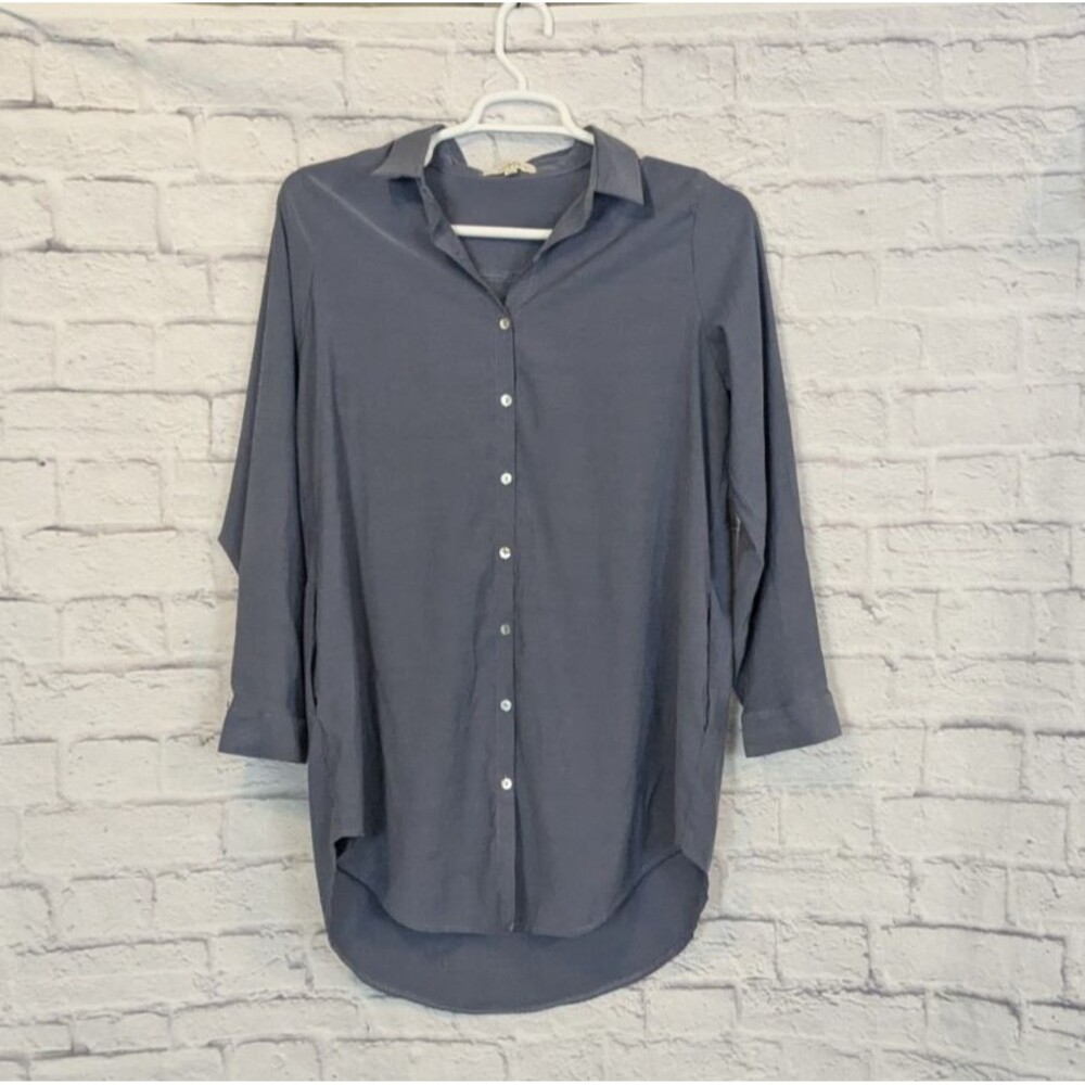 Umgee Slate Blue Gray Long Sleeve button‎ up Tunic Top With Pockets XL HOLE